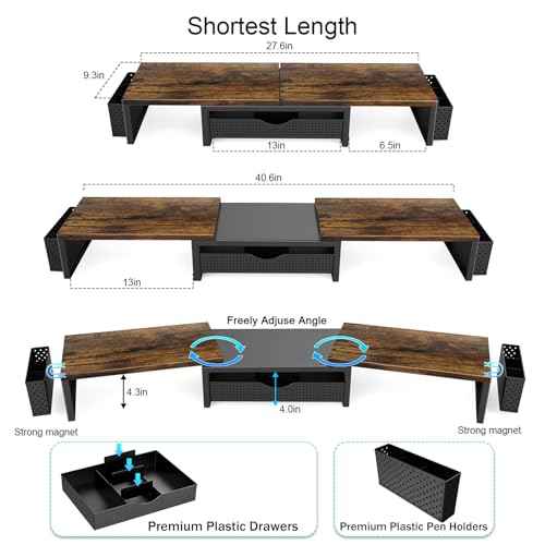 gianotter Dual Monitor Stand Riser, Desk Organizer With Drawer and 2 Pen Holders,Computer Monitor Stand, Desk Shelf for Top of Desk, Wood