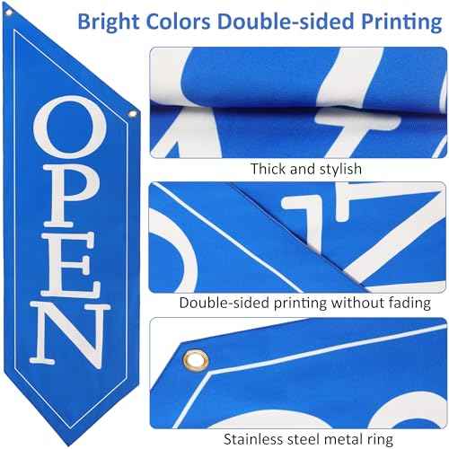 OPEN Flag with Pole Kit - Heavy Duty Canvas Open Banner for Business Storefront, 42x12 Inch Outdoor Double-Sided Sign with Bracket - Advertising Signage for Retail & Shops (White)