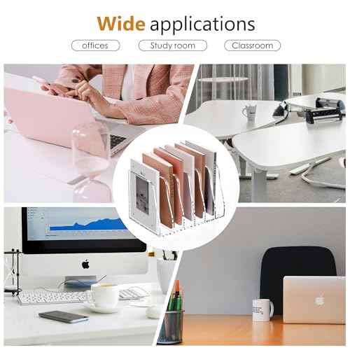 SANRUI Acrylic File Organizer, Compact Desk Organizer for Folders, Binders, Notebooks, Envelopes, Vertical Binder Storage Organizer, 6 Section Bookshelf for School Home Office Organization