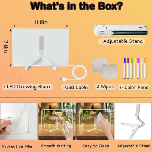 LED Note Board with Colors, Light Up Acrylic Message Board, Glowing Acrylic Dry Erase Board with Light, Led Drawing Board for Kids with Stand, 7 Markers (Large 11.8 * 7.9 inches)