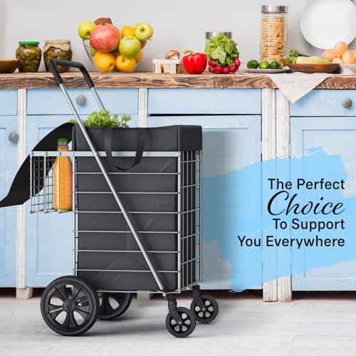 Shopping Cart w/Waterproof Basket Liner & 360¡Æ Swivel Wheels | Foldable Collapsible & Lightweight | Perfect for Groceries Laundry Utility Cart - Silver