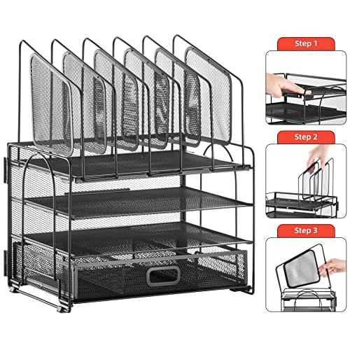 Marbrasse Desk organizer with Drawer, 4-Tier Mesh File Organizer with 5 Vertical File Holders and 2 Pen Holders, Multifunction Desktop Organizer,Desk Organizers and Accessories for Home Office