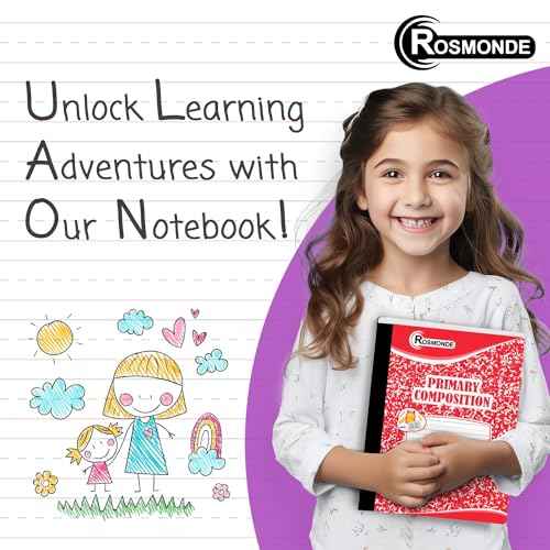 Rosmonde Composition Notebooks Primary Ruled 5 Pack, 200 Pages (100 Sheets), Color Marble Composition Notebook, Sewn Binding Hard Cover, Primary Composition Notebook for Kids, Writing Dotted Lined