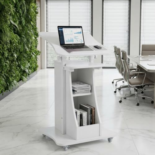 POWERSTONE Sit-to-Stand Mobile Lectern Podium with Storage, White, 27"-47.5"