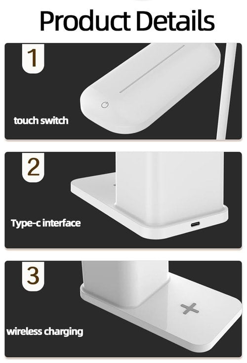 Wireless Rechargeable LED Desk Lamp - 3 Color Dimmable Eye Care Study Light for Office and Reading
