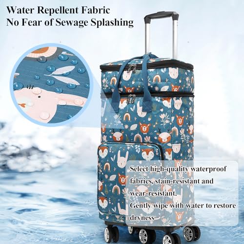 2 in 1 Shopping Cart with Wheels, Portable Utility Dolly, Luggage Cart, Foldable Hand Truck with Built-in Removable Waterproof Bag for Shopping, Camping, Travel (Animal World)