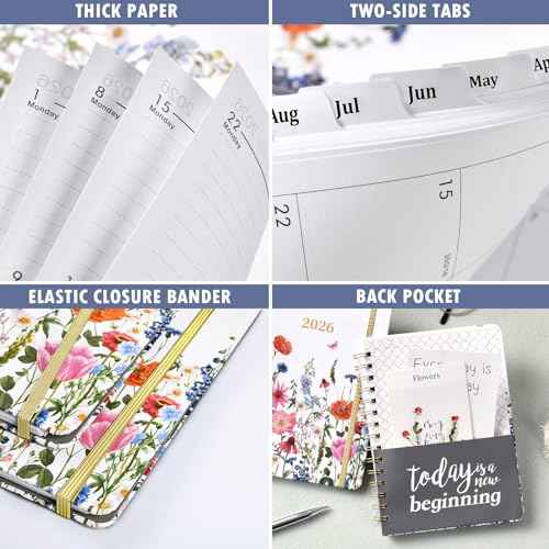 2026 Planner - Jan. 2026 - Dec. 2026, 2026 Planner Weekly and Monthly with Tabs, 6.3" x 8.4", Planner 2026, Hardcover with Back Pocket + Thick Paper + Twin-Wire Binding - Flowers