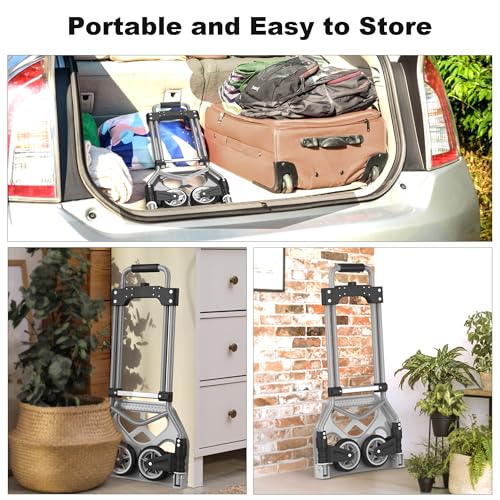 Folding Hand Truck Dolly Cart, 180LBS Portable Aluminum Hand Truck Foldable with Telescoping Handle and Elastic Cord for Luggage, Boxes, Functionality Foldable Dolly for Home, Moving, Black Gray