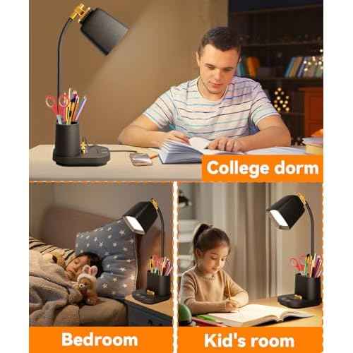 Desk Lamp with 2 USB Charging Ports, Desk Lamp for College Dorm Room Essentials for Girls,USB Charger Small Table Lamps with Pen Holder for Home Office,12 LED Light Modes Eye Caring for Kids,Guys,Nail