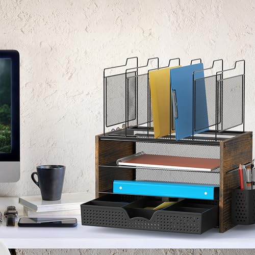 Simple Houseware Mesh Desk Organizer with Wooden Side Panel, Rustic Brown