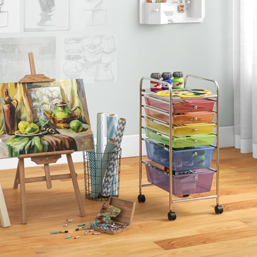 Julimoon Rolling Storage Cart with 6 Drawers,Mobile Storage Drawers Organizer, Multipurpose Plastic Utility Cart with Wheels for Home Office School Garage (Rainbow & Clear)¡¦