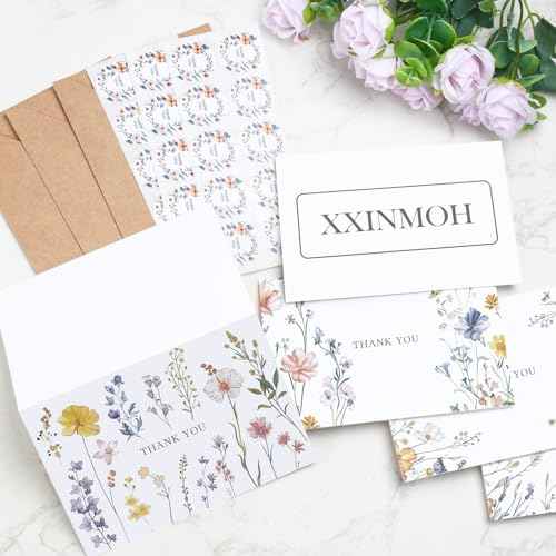 102 PACK Floral Thank You Cards With Envelopes (4"x6") - Wildflower Blank Cards With Adhesive Envelopes & Matching Stickers for Wedding, Bridal Showers, Baby Showers, Birthday, All Occasion
