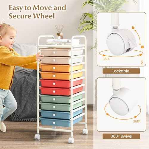 10-Drawer Rolling Storage Cart, Multi-Color, Alloy Steel Frame, Plastic Drawers, Lockable Casters
