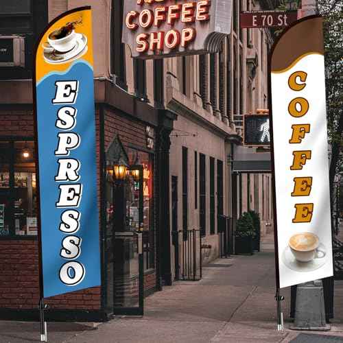 2 Pack Coffee Espresso Feather Flags Cafe Feather Swooper Flag Banner 2.5 x 12 ft Tall Heavy Duty Coffee Espresso Shop Advertising Marketing Sign Weatherproof for Outdoor Business Flag Only