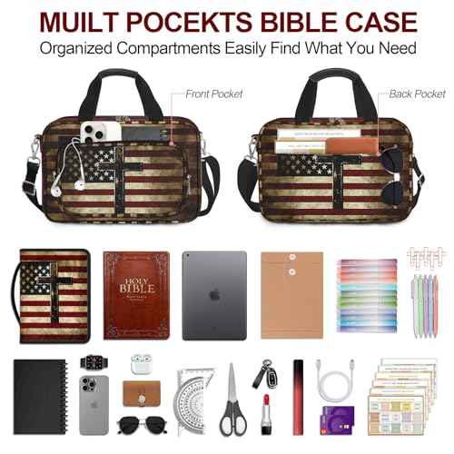 American Flag Cross Bible Cover Case for Women Men Boys, Large Bible Bag Book Carrying Case with Strap & Handle Zipper Pocket, Bible Study Supplies Journaling Kit, Highlighters and Pens Cross Clips