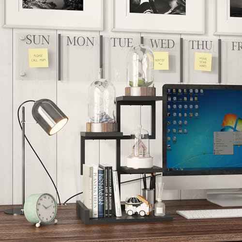 YMYNY Desktop Shelf Organizer, 4 Tier Storage Display Rack, Desk Shelf Organizer Small Bookshelf with Metal Frame for Office, Books, Plants, 12.2" x 9.45" x 17.52", Black UHSR007B
