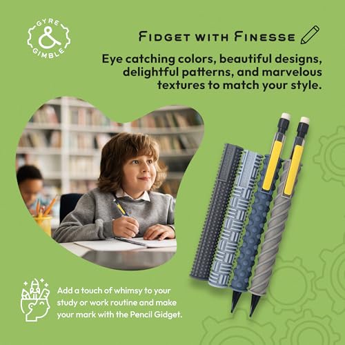 Gyre & Gimble Pencil Gidgets ? Textured Silicone Pencil Sleeve for Quiet Fidgeting ? Transform Your Mechanical Pencil into a Sensory ADHD Tool for Kids and Adults ? 4 Sleeves & 2 Pencils - Gray