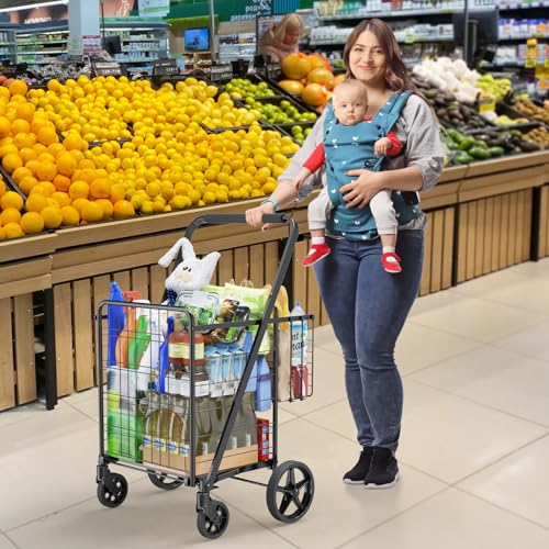 Folding Shopping Cart with Waterproof Bag, Grocery Cart with Encrypted Mesh Bottom, 23 Gal Double Basket & 360¡Æ Swivel Wheels, 260 Lbs Heavy Duty Shopping Carts for Groceries, Laundry
