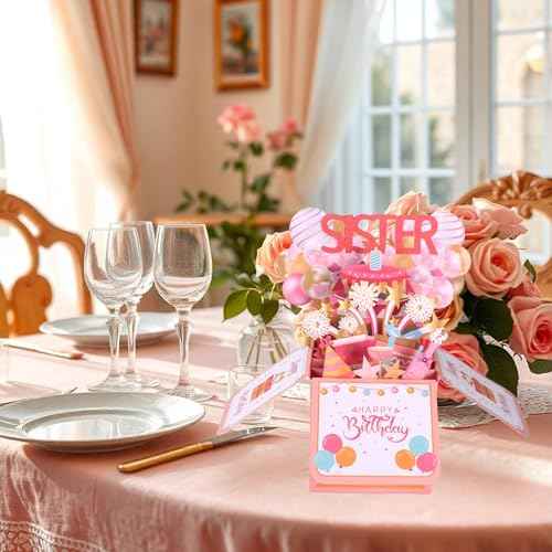 Funny Happy Birthday Sister Pop Up Card, 3D Birthday Card with Envelope Unique Gift for Women Party Decoration Keepsake