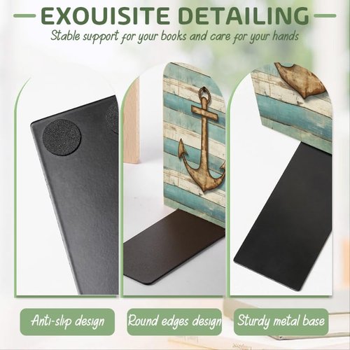 Wood Bookends Non-Slip Bookends Book Stand for Shelves Books/CD - Rustic Anchor Wood Grain