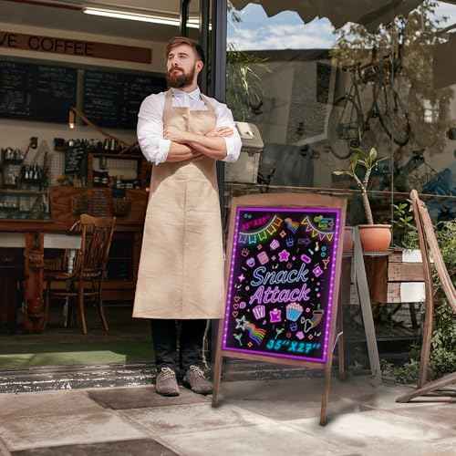 Hosim LED Message Writing Board 24"x16", Standing A-Frame Wooden LED Message Sign Board Illuminated Erasable Neon Restaurant Menu Sign, 8 Colors Markers & 16 Lighting Colors Flashing DIY Chalkboard