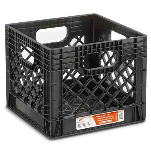 Juggernaut Storage 2-Pack Stackable Heavy Duty Milk Crates with Handles, 16 Qt, Black - Organizing Plastic Crate Basket for Grocery Shopping, Home Supplies, and Bathroom Accessories