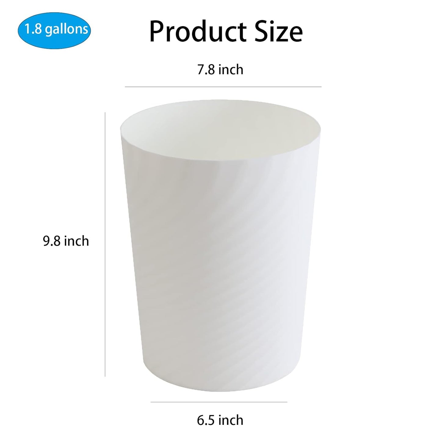 UUJOLY Small Plastic Trash Can - Versatile Wastebasket for Bathrooms, Kitchens & Offices | 1.8 Gallon, White