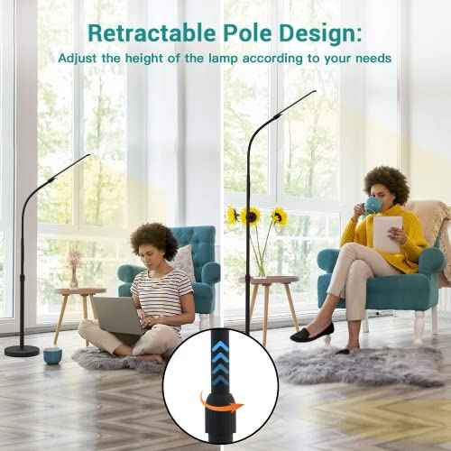 NXONE Led Floor Lamp,Modern Reading Adjustable Standing Height 4 Colors and Stepless Brightness Work Lamp for Living Room Bedroom Reading, Black