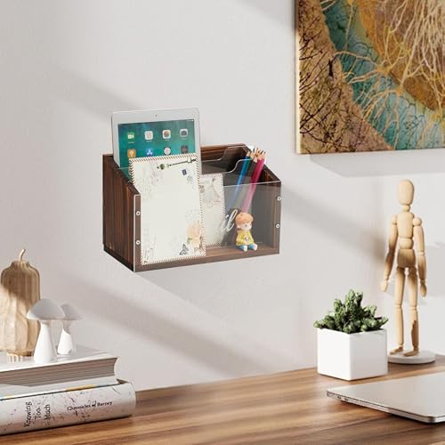 Mail Organizer with Clear Acrylic Dividers - Wooden Letter Holder for Desk, 3 Slot Mail Sorter Wall Mounted, Desktop Envelope Caddy for Home Office Organize Document Bill Mail Inbox Outbox