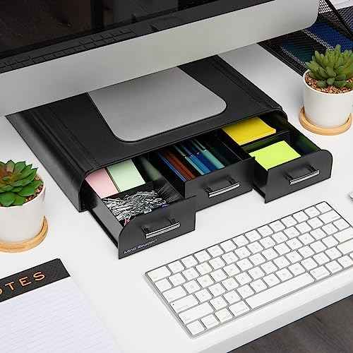 Mind Reader Monitor Stand, 3 Storage Drawers, Desktop Organizer, Riser, Office, 13.5"L x 13"W x 4"H, Set of 2, Black