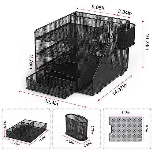Desk Organizer with Hanging File Holder, Paper Letter Tray Organizer with Drawer and Pen Holder, Mesh Desktop Organizer and Storage for Office Supplies(Black)