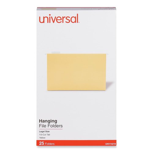 Universal 14219 Hanging File Folders, 1/5 Tab, 11 Point Stock, Legal, Yellow (Box of 25)