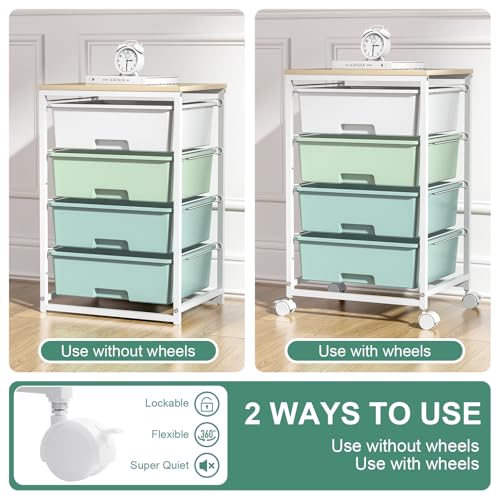 Utility Cart with 4 Drawers,Rolling Storage Cart with Drawers,Storage Rolling Drawer Cart with Wooden Tabletop for Bedroom,Kid's Room,Dorm,Classroom,Office,Green