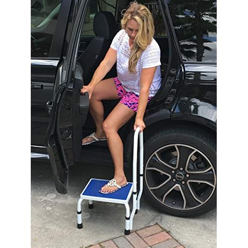 Platinum Health AdjustaStep(tm) Deluxe Step Stool/Footstool with Handle/Handrail, Height Adjustable. 2 Products in 1. Modern White/Blue Design. Padded Non-Slip Handle. 300 lb. Capacity