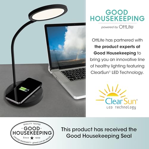 OttLite Good Housekeeping Circular LED Desk Lamp with Wireless Charging - Designed to Reduce Eyestrain - Adjustable Neck, 3 Color Modes - Crafting, Office Work, Reading & Studying