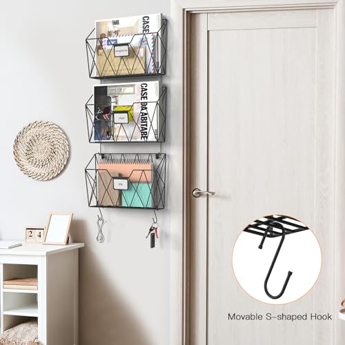 YBING Wall File Organizer Mesh Hanging Wall-mount Files Holder 6 Pack Hanging Wire Magazine Rack and Mail Holder with Hooks Office Wall Organizer for Papers Folders Files Clipboard Black