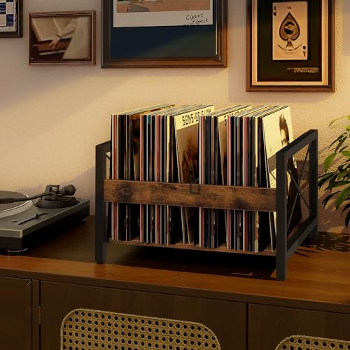 ELITEROO Vinyl Record Holder, Wooden Record Crate Fits 7¡± -12¡± Records, Vinyl Shelf Holds up to 50-100 Albums, DVDs, CDs or Files Wood Book Storage Stand Desktop Organizer Box, Rustic Brown