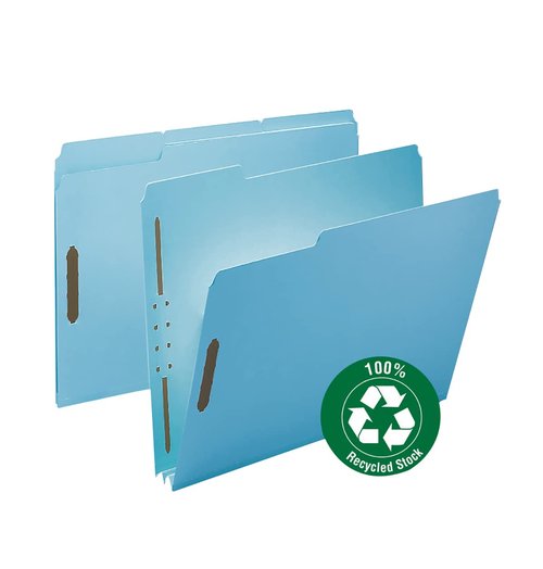 Smead 100% Recycled Pressboard Fastener File Folder, 2 Fasteners, 1/3-Cut Tab, 2" Expansion, Letter Size, Blue, 25 per Box (15001)