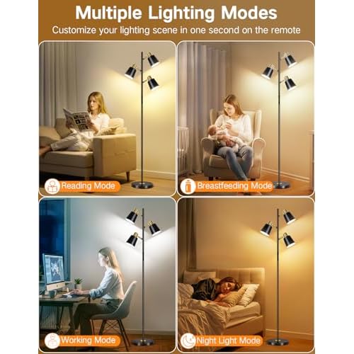 OUTON LED Tree Floor Lamp, Modern Dimmable Standing Lamp with Remote & Touch Control, 4 Color Temperatures, 3 Rotatable Lights Floor Lamps for Living Room, Bedroom, Office, Black & Gold