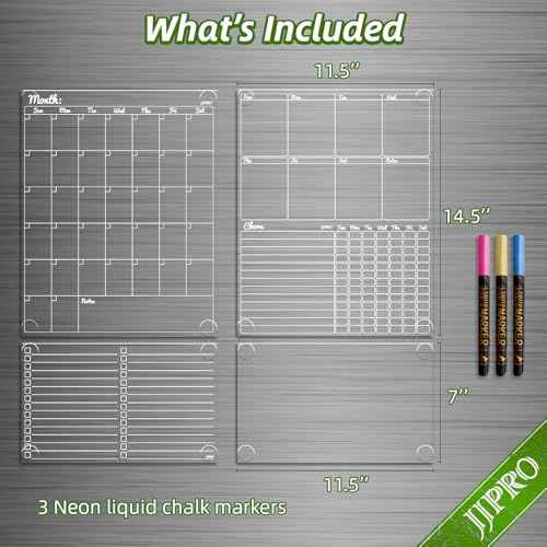 JJPRO Non-Magnetic Dry Erase Calendar - Monthly & Weekly Chart, List & Blank Board for Smooth Surfaces. Clear Reusable Calendar Sticks to Fridge, Cabinet, Door & Glass