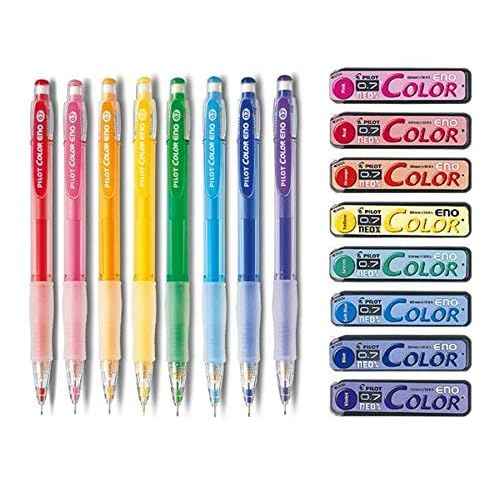 Pilot Color Eno 0.7mm Automatic Mechanical Pencil 8 Color Set & 0.7mm Lead Refill 8 Color Set