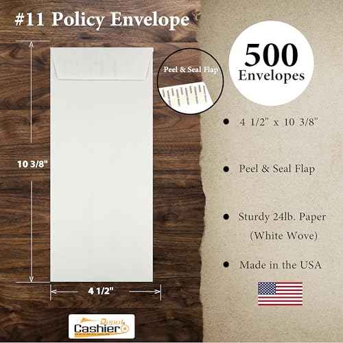 500 Cashier Depot #11 Policy (Open End) Envelopes, 4 1/2" X 10 3/8", Sturdy 24lb. White, Peel & Seal Flap (500 Envelopes)