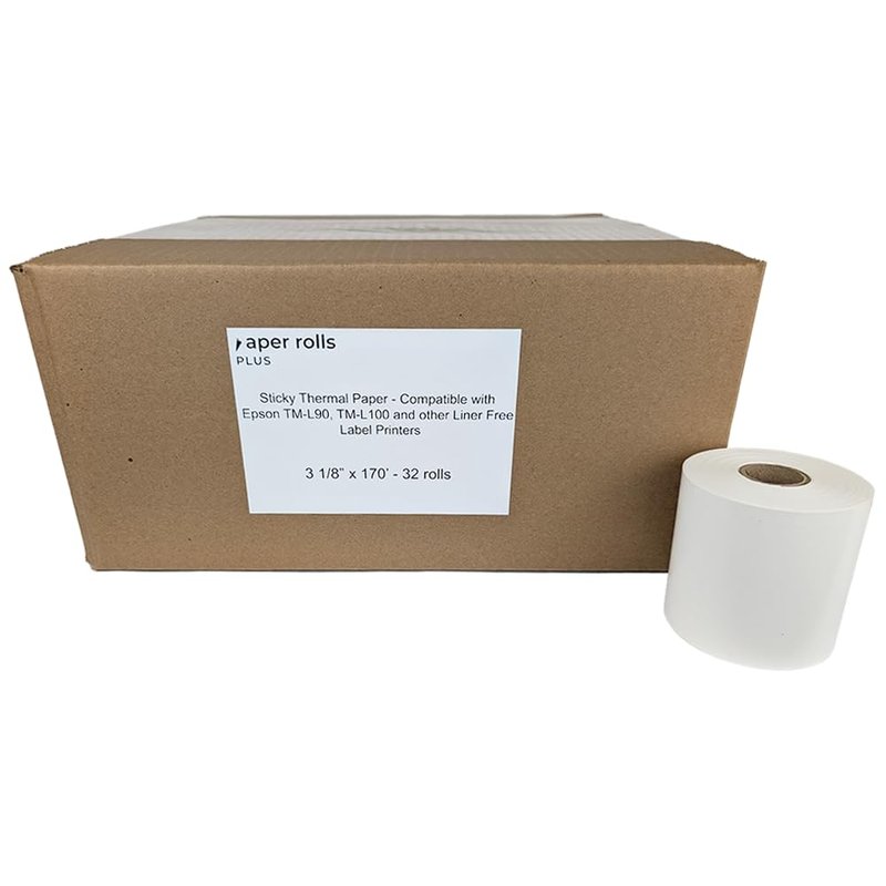 Sticky Thermal Paper - Compatible with Epson TM-L90, and Epson TM-L100 Liner Free Label Printers - Works with Toast and Square - 3 1/8" x 170' - 32 rolls/case