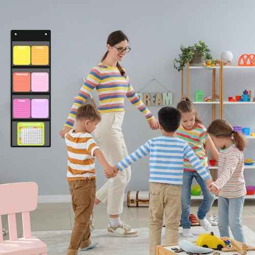 6 Pcs Storage Pocket Chart for Classroom 37.4 x 13 in 4 Pockets Hanging Wall File Organizer for Teachers Homework Cards Drawing Pictures Class Demonstrations Office Organization(Black)