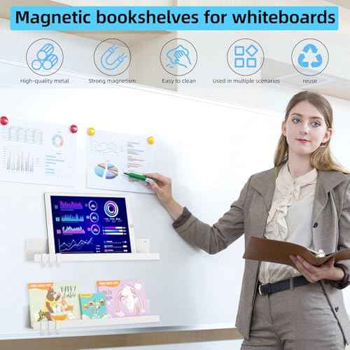 2-Pack Magnetic Book Shelf for Whiteboard - 17 Inch Reusable Metal Magnetic Shelves, Holds 14.33 lbs, Magnetic Book Display for Classrooms, Kitchen(New White)