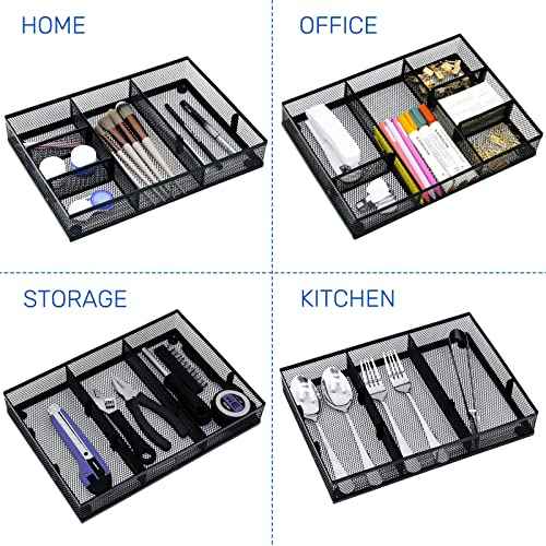 Neudeco Desk Drawer Organizer with 6 Adjustable Dividers, Metal Pen organizer for desk drawer,Mesh Office Desk Drawer Organizer Tray for office supplies (Pack 4, Black)