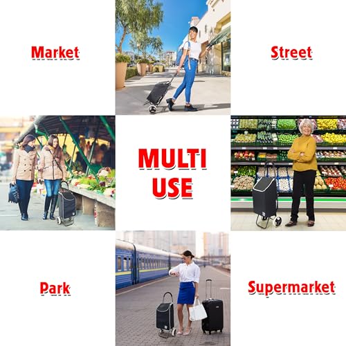 dbest products Trolley Dolly Sport with Chair ? Foldable Grocery Cart on Wheels ? Multi Use Rolling Cart with Built-in Seat, Removable Bag, and Hand Truck Dolly Function, Black