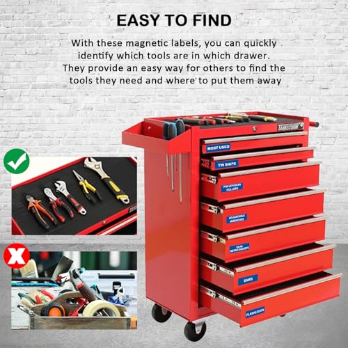 Tool Box Organization Magnetic Labels,Tool Chest Organizer Labels with Strong Magnets,Easy to Read Printing - Fits All Brands of Steel Tool Box Drawers,Blue-(72 Pcs, 4 x 1 Inches)