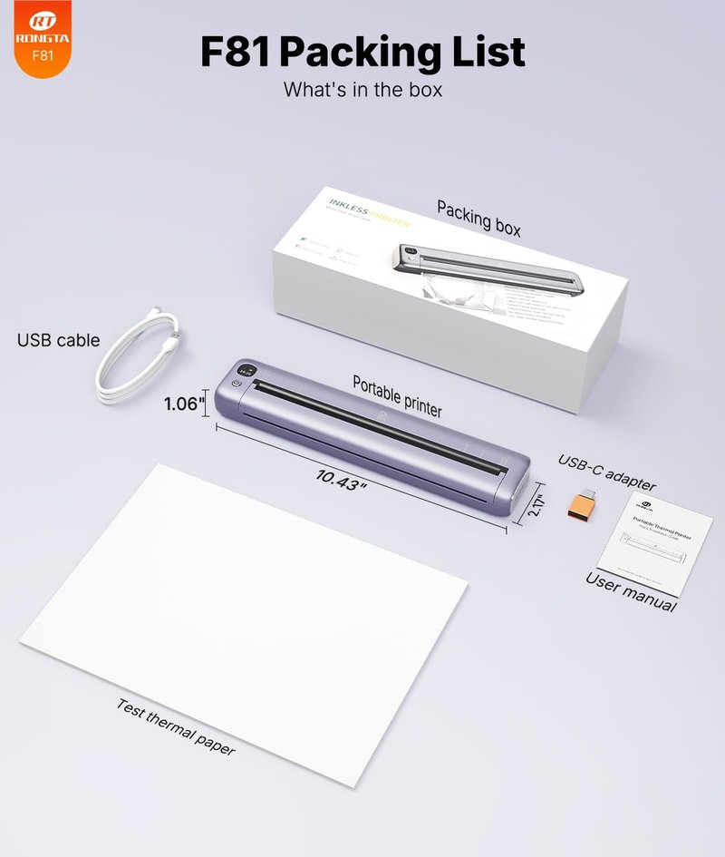 Rongta Portable Printers Wireless for Travel, Bluetooth Mobile Printer, Thermal Inkless Printer for School/Office/Home Use, Compatible with Android,iOS & Laptop (Purple)