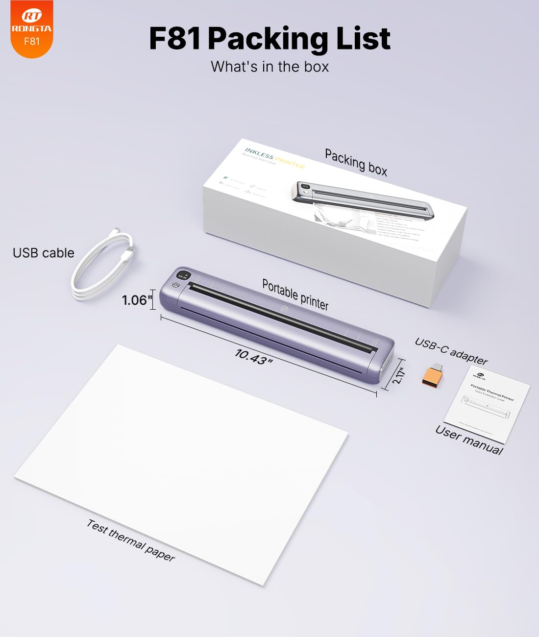Rongta Portable Printers Wireless for Travel, Bluetooth Mobile Printer, Thermal Inkless Printer for School/Office/Home Use, Compatible with Android,iOS & Laptop (Purple)